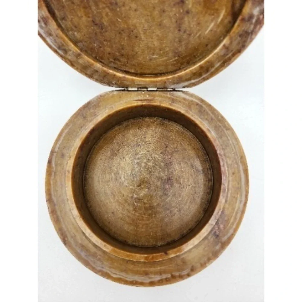 Vintage Carved Soapstone Hinged Round Trinket Jewelry‎ Keepsake Box With Lid